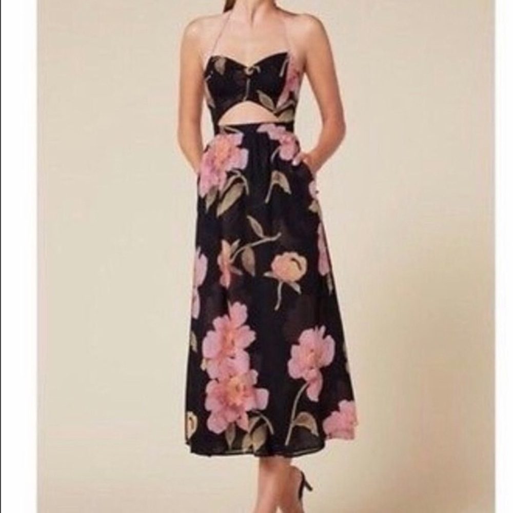 Reformation Addie Floral Cutout Midi Dress - Black with Pink & Coral Floral - Picture 2 of 8